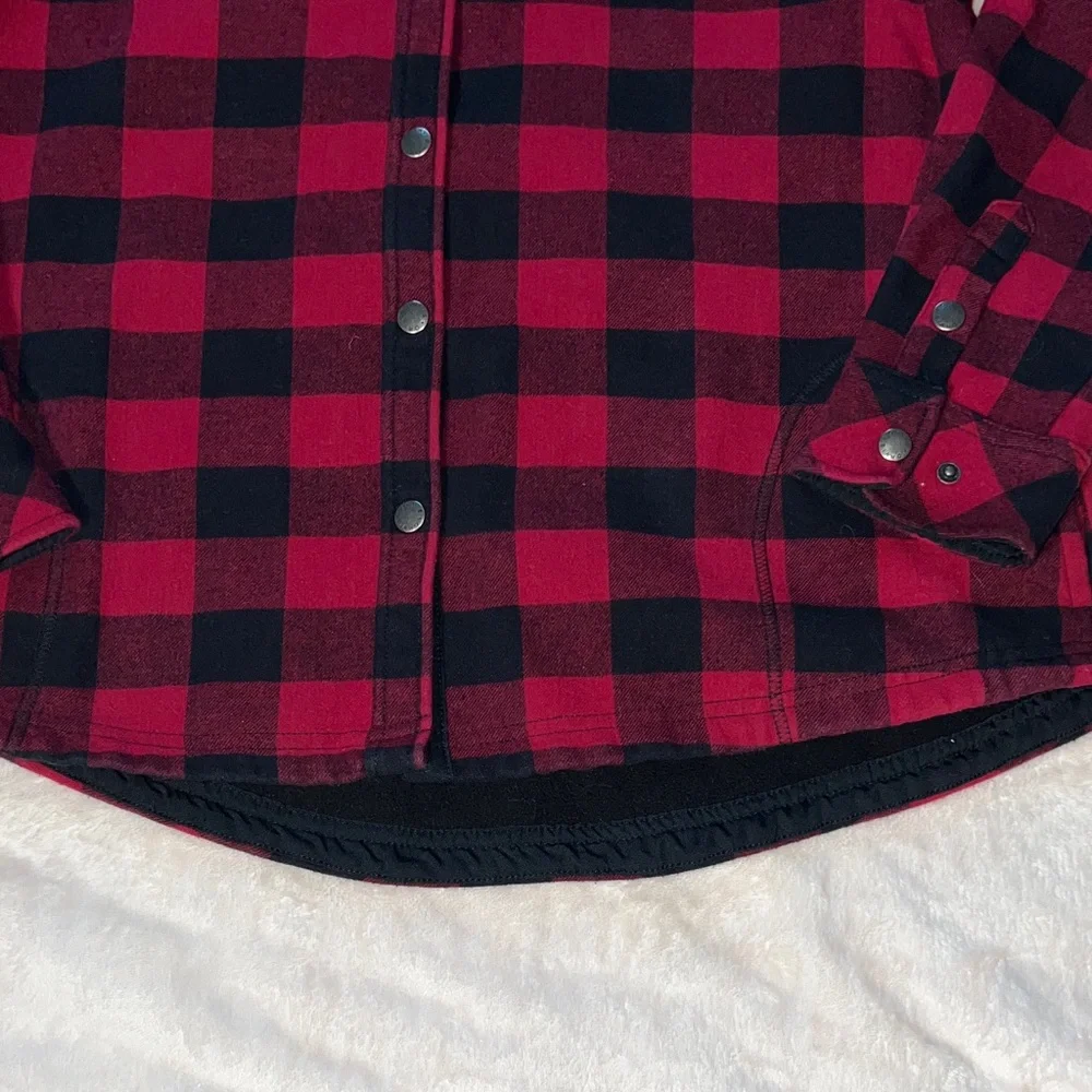 Orvis Buffalo Plaid Fleece Lined Shacket Red Black Snap Button Shirt Jacket L
